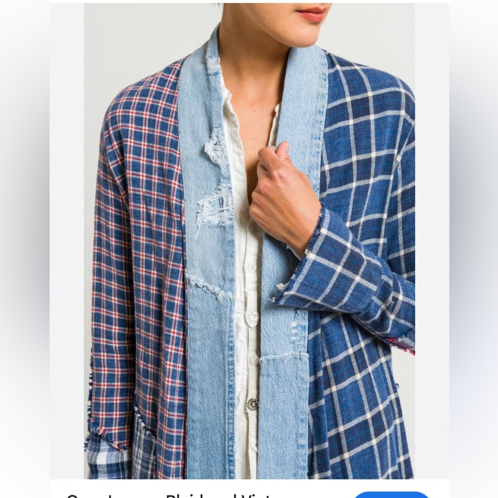 Denim & Red Plaid Open Front Women's Jacket - Picture 5 of 16